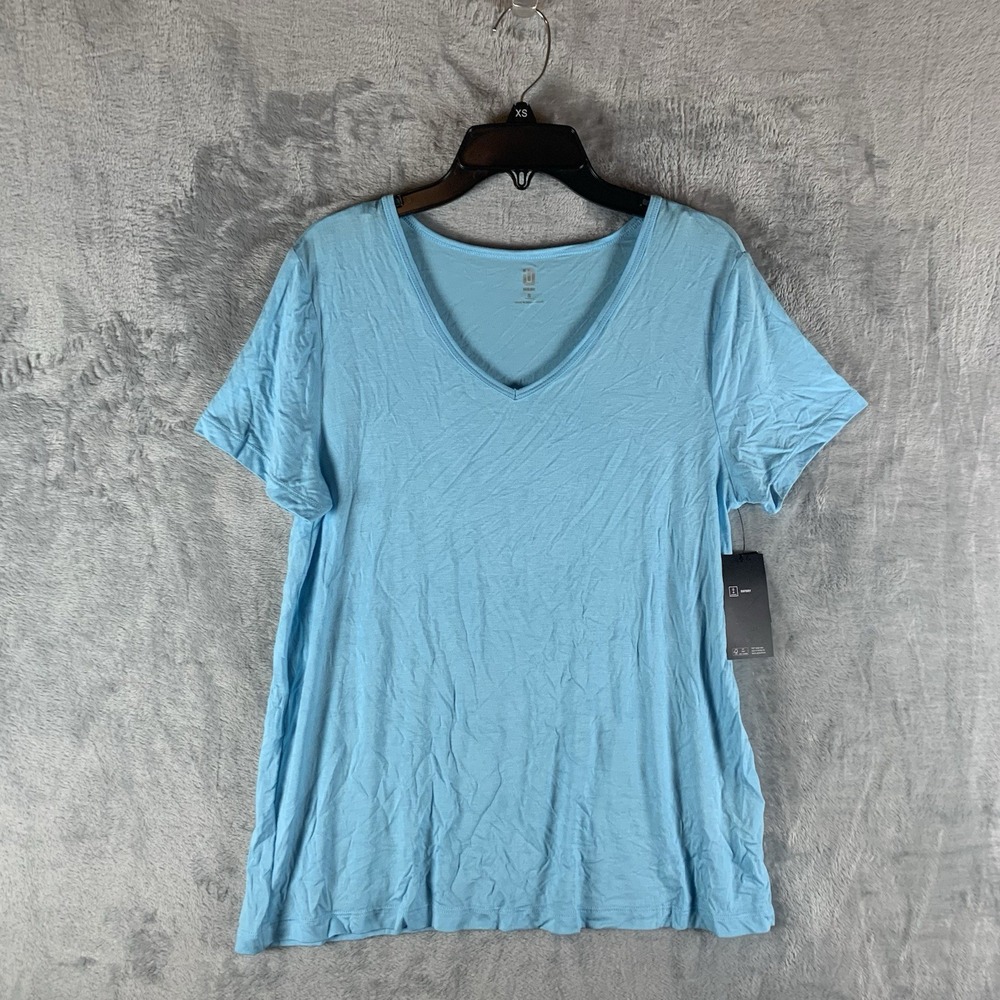 Ideology Womens S Top V‎ Neck T Tee Shirt Butterfly Blue Loose Fit Short Sleeve